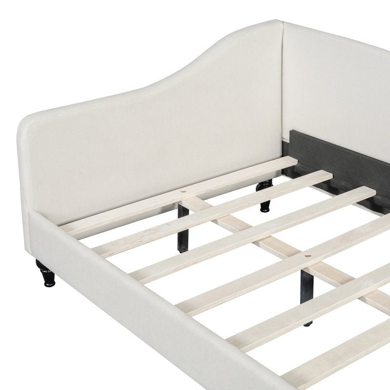 Twin Size L-Shaped Linen Daybed, With Solid Wood Legs, Beige