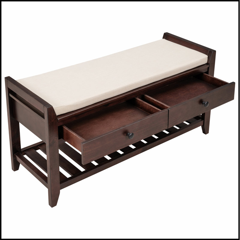 Banc de rangement pour hall d'entrée avec siège rembourré - 2 tiroirs et range-chaussures, bois de pin massif, pieds fuselés