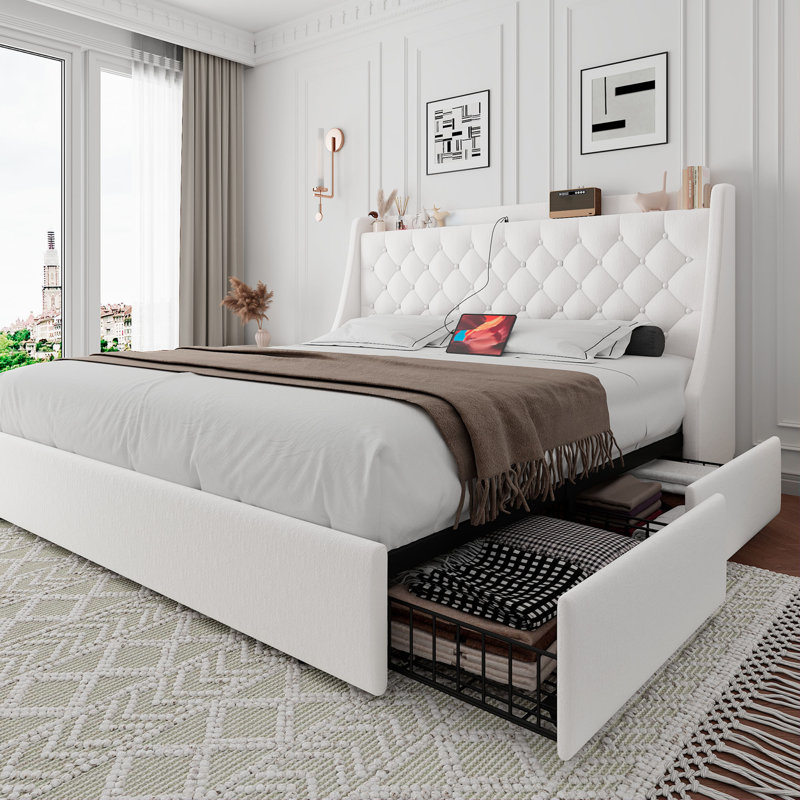  Queen Bed Frame With 4 Storage Drawers, Upholstered Platform Bed Frame With Type-c & Usb Ports, Wingback Storage Headboard,white