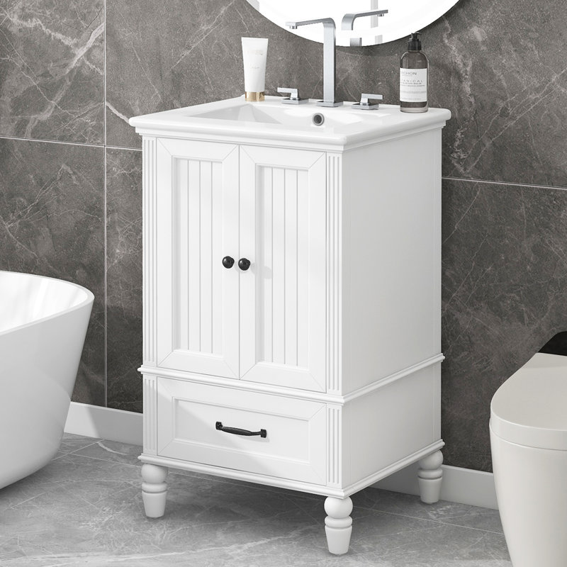 Meuble-lavabo de 20 po au look moderne, armoire blanche, deux portes et un tiroir, poignées en métal noir pour un élément de qualité élégante, évier d'armoire, assure la construction