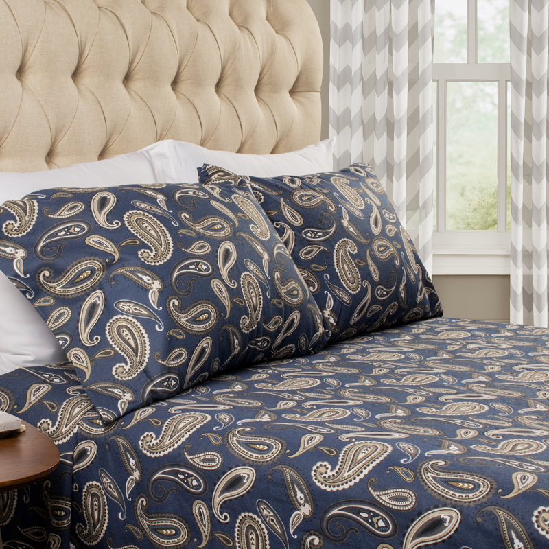 Superior 100% Cotton Flannel Deep Pocket Paisley Sheet Set, King 4pc Set, Navy Paisley