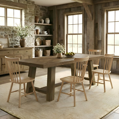 Solid Wood Dining Table Set, Rectangular Distressed Pine Dining Table And Slat Back Windsor Dining Chairs For Kitchen/Dining Room