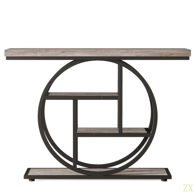 41.3" Industrial Console Table, 4-Tier  Sofa Table With Unique Circle Metal Frame & Storage Shelves, Narrow Entryway Accent Table For Living Room, Hallway, Foyer