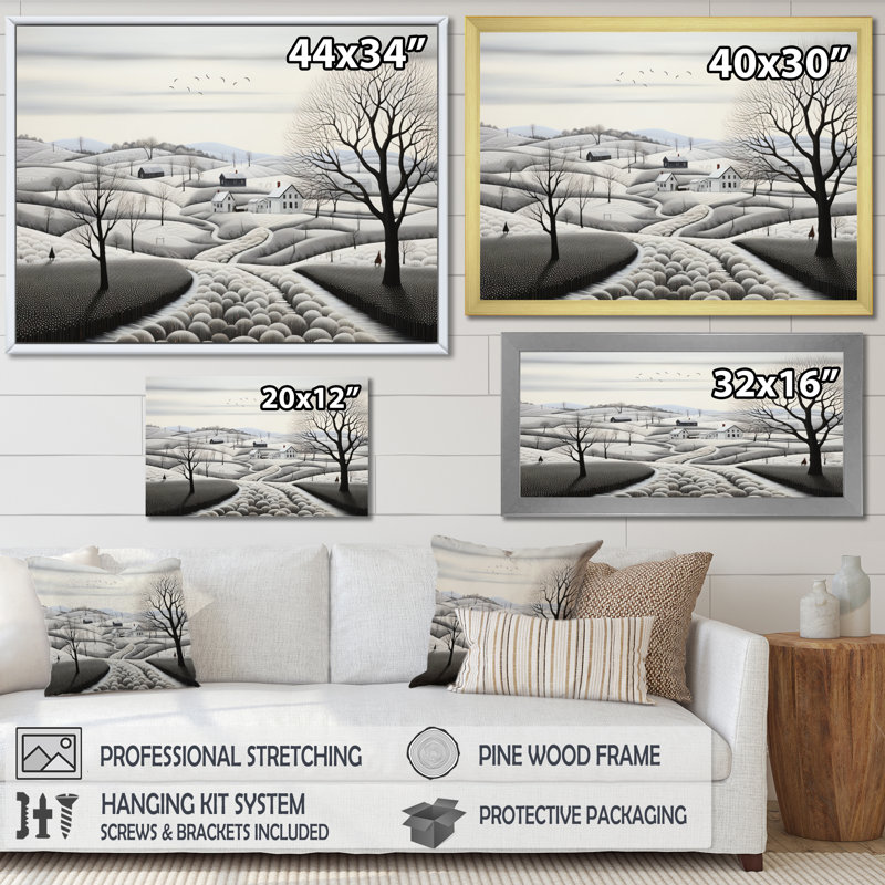 Maryly " Winter Farm Monochrome Harvest III ", Wrapped Canvas, 12" H x 20" W x 1" D