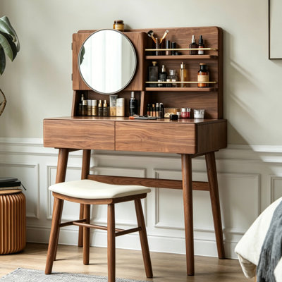 Table de maquillage 35,37 "moderne en bois massif brun minimaliste avec miroir de maquillage