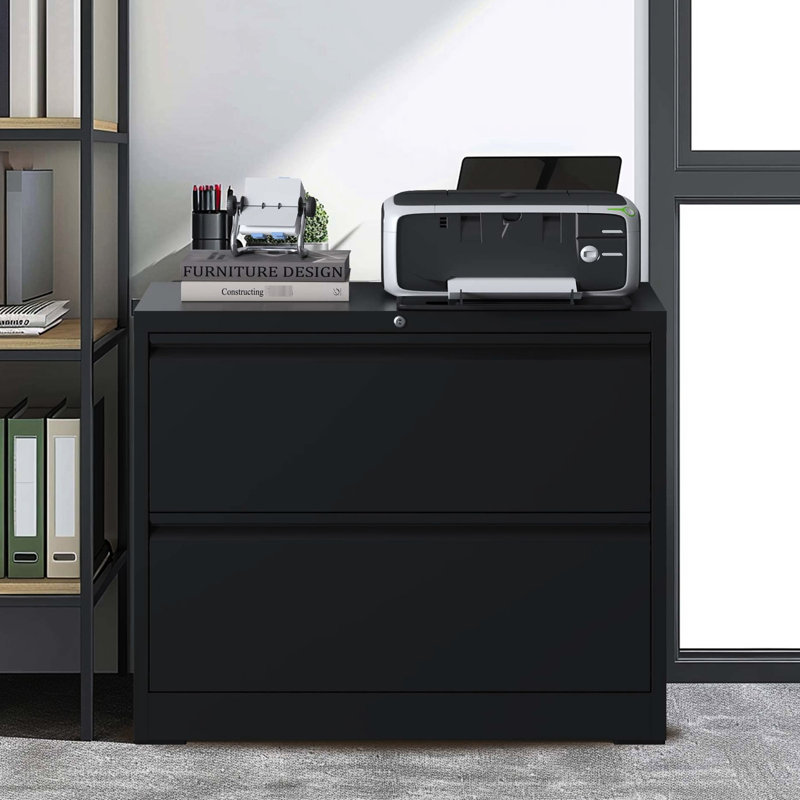 Black Lockable Metal File Cabinet, 2 Drawers, For Office Storage Solutions, Fits Multiple Sizes Modern 2 Cabinet With Lock, Black, Organization, Accommodates Diverse