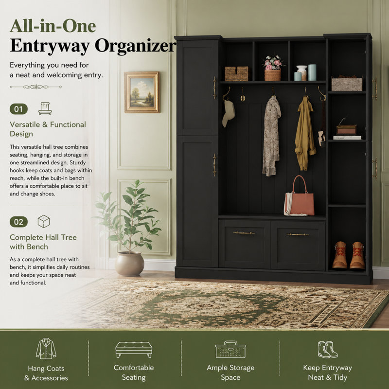 Elegant Design, Hall Tree With Open Storage & Bench For Entryway, Black