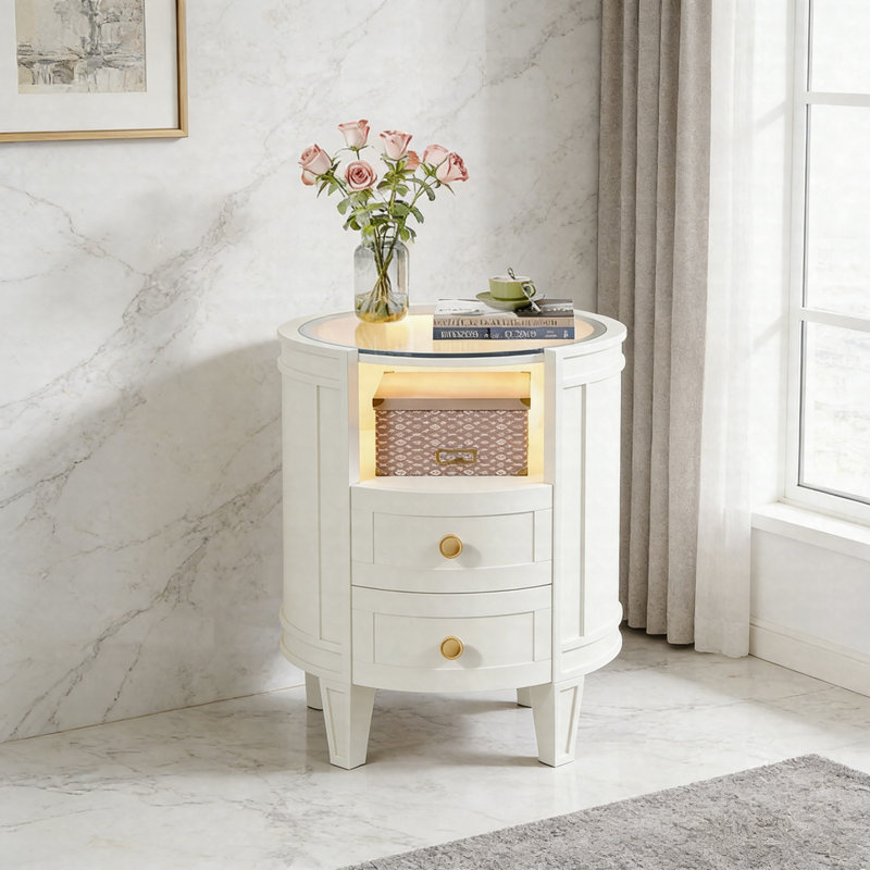 Table de chevet 2 tiroirs avec lumière DEL, table d'appoint moderne avec plateau en verre et tablette ouverte