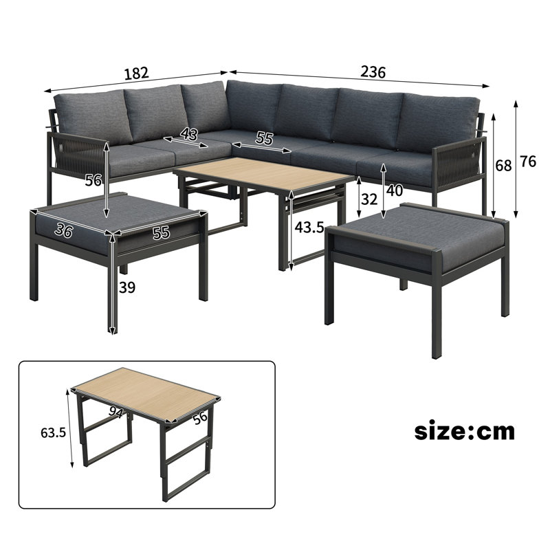 Grey 7-8 Seater Outdoor Garden Set With Height Adjustable Coffee Table And Compact Seater Stools, Corner Sofa With Polyester Rope