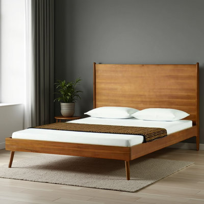 Queen Size Bed, Panel Headboard Design, Rich Brown Acacia Wood