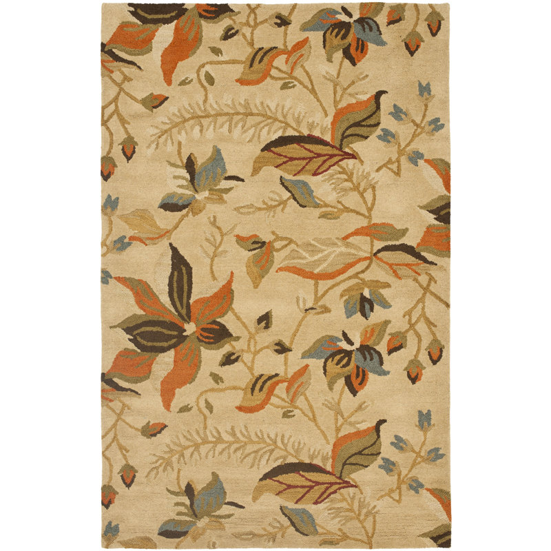 Emrick Blossom Hand Hooked Wool/Cotton/Latex Floral Rug in Beige, Rectangle 3' x 5'