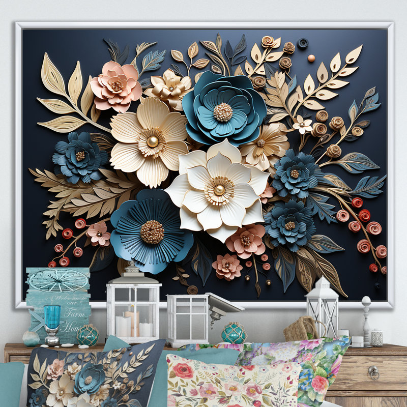 Bleu et or, charmantes fleurs printanières - art mural fleurs, Cadre flottant blanc, H 34 po x l 44 po x P 1,5 po