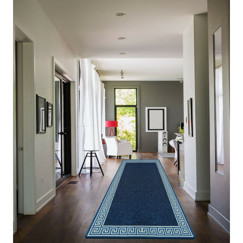 Plain Rug with Greek key Bordered Gel backed Rug Allorah Blue/Cream Rug, Rectangle 160 x 230cm