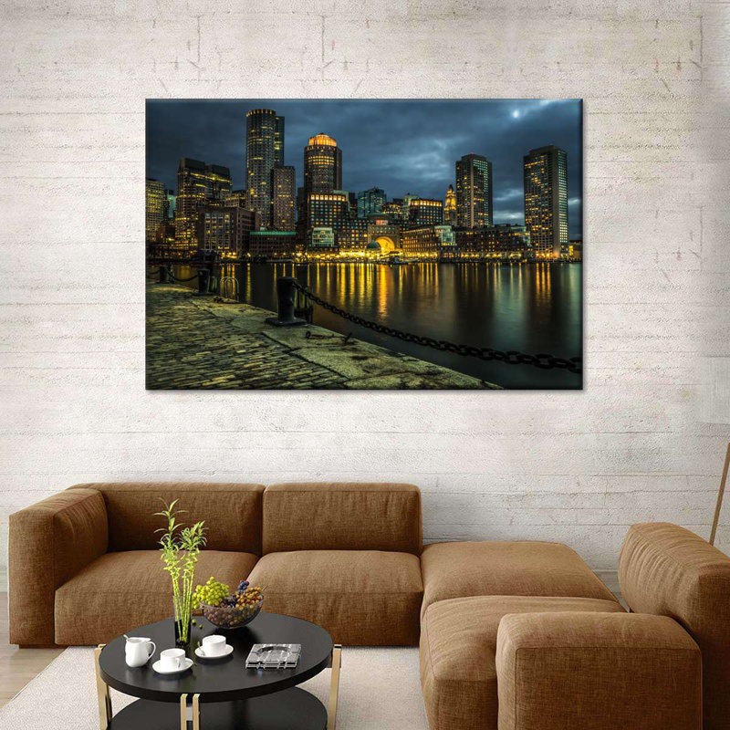 «Boston Skyline At Night», reproduction sur toile, H 32 po x l 48 po x P 1,25 po