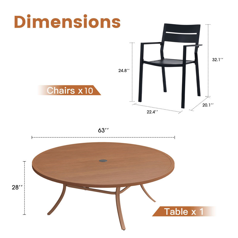 Ensemble de salle à manger de patio pour 10 personnes avec table ronde 63 "et 10 chaises empilables Sagamore