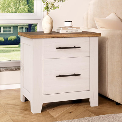 Farmhouse Nightstand with 2 Drawers, Distressed White Bedside Table with Brown Tabletop, Space-Saving End Table for Bedroom & Living Room, Supports 170 LBS