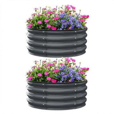 2PCS Gray 3*3*1FT Round Extra Sturdy Galvanized Metal Raised Garden Bed Bottomless Planter Box Adjustable Height Rust-Proof Metal Garden Planter for Outdoor Vegetables Flowers Herbs Planting