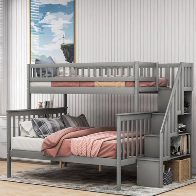 Twin Over Full Stairway Bunk Bed With Gray Glow - Down, Pine And Side Storage Shelves, Separable For Different ' Ups Flicker, Sleeping Arrangements