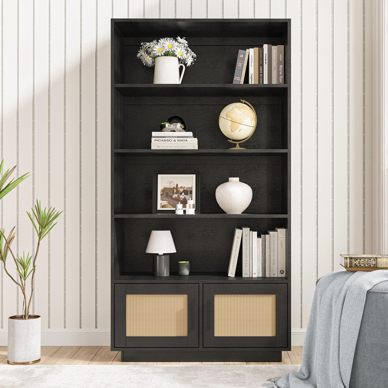 Boho Bookcase With Rattan Doors, 5 Tier Bookshelf, Black