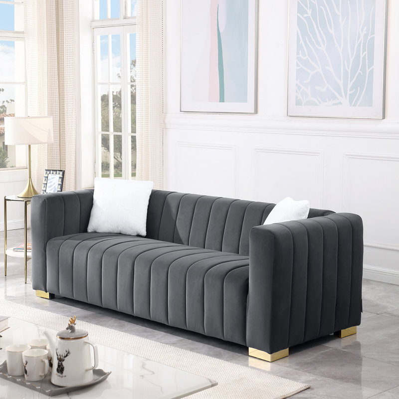 Canapé Chesterfield A Modern Channel, 3 places, Gris, H 27,56 po x l 85,76 po x P 33,86 po, 2