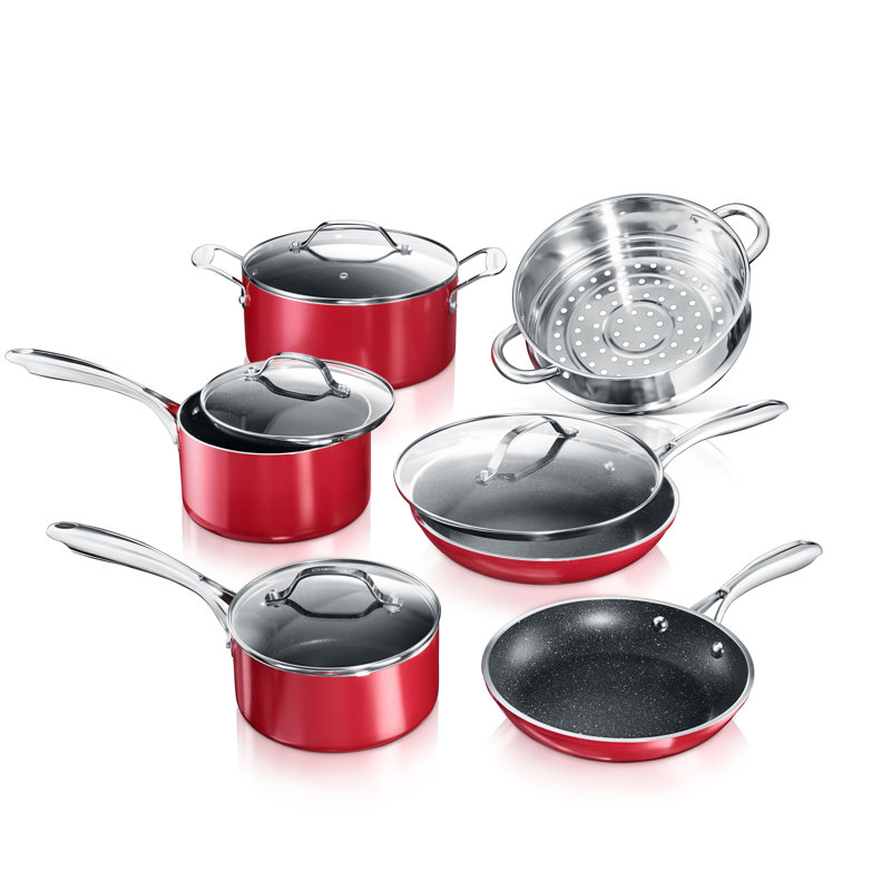 Stay Cool Handle 10-Piece Aluminum Ceramic Nonstick Cookware Set in Red Stay Cool Handle 10-Piece Aluminum Ceramic Nonstick Cookware Set in Red