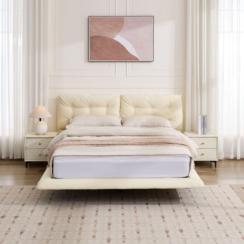 Cadre de lit flottant pour grand lit avec lumières DEL, lit plateforme en cuir d'unité centrale avec tête de lit capitonnée, assemblage facile, aucun sommier nécessaire, blanc