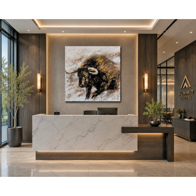 «Gold Bull», art mural sur toile tendue | Impression moderne sur toile noire et dorée pour le salon, le bureau et la maison