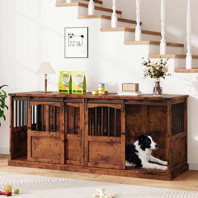 Meuble télé avec cage pour chien de 183 cm (72 pouces) et portes coulissantes, style ferme, pour chien.