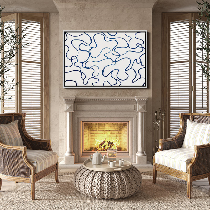 "Flowing Blue Line", motif abstrait contemporain, impression encadrée, H 24 po x l 36 po, Blanc