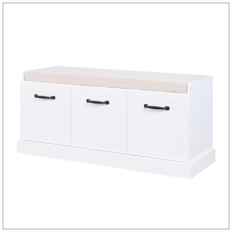 Banc de rangement en bois pour le vestibule avec coussin blanc