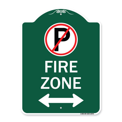 Signmission Designer Series Sign - Fire Zone (No Parking Symbol And Arrow Pointing Left And Right) | Green & White 18" X 24" Heavy-Gauge Aluminum Architectural Sign | Made In The USA