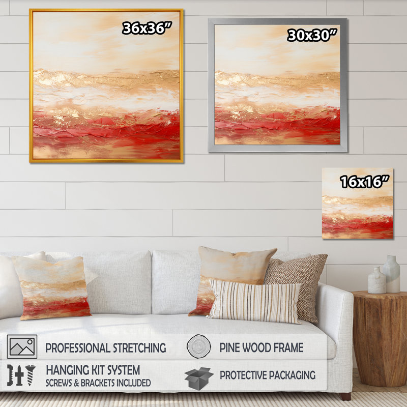 Or doux et rouge, vague douce fusion I - reproductions d'art abstrait, Cadre flottant doré, H 24 po x l 24 po x P 1 po