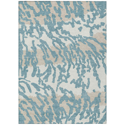 3' X 5' Teal Blue Beige And Ivory Animal Print Washable Indoor Outdoor Area Rug