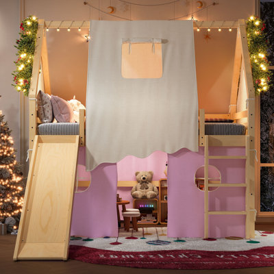 Full Size House Loft Bed with Slide & Ladder, Solid Wood Kids Loft Bed with Lights & Tent, No Box Spring, Natural+Pink