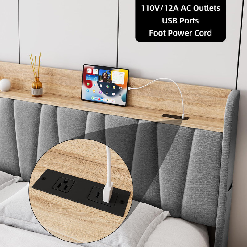 Upholstered Bed Frame With Storage Headboard And Charging Station, Light Gray, Queen