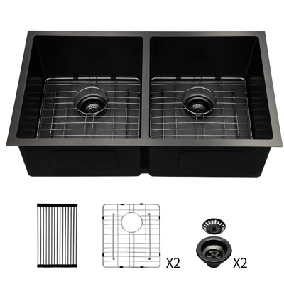 Évier de cuisine encastré à double cuve 33 po, calibre 16, noir acier, profondeur 50/50 10 po, fait à la main, bonde arrière de 3,5 po, rainures en X, couches insonorisantes, revêtement de condensation, enroulement de séchage, crépines,