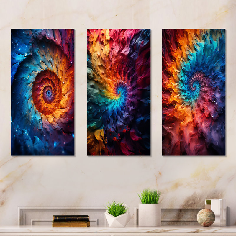 Colorful Space Fractal Vortex I - Abstract Spirals Metal Wall Art Set Of 3, 32" H x 48" W