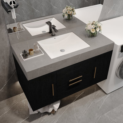 Meuble-lavabo flottant contemporain simple de 39,4 pouces avec comptoir en faux marbre, lavabo en céramique et beaucoup de rangement pour les salles de bain modernes