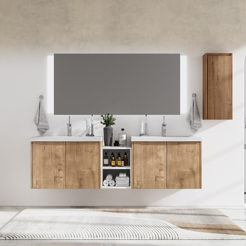 Meuble-lavabo double flottant en chêne blanc avec armoire latérale et lavabo