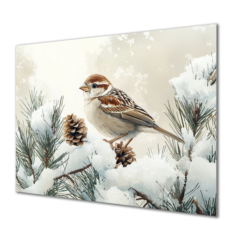 «Sparrow Bird In The Winter Pines I», impression d'art mural en métal moderne, H 12 po x l 20 po