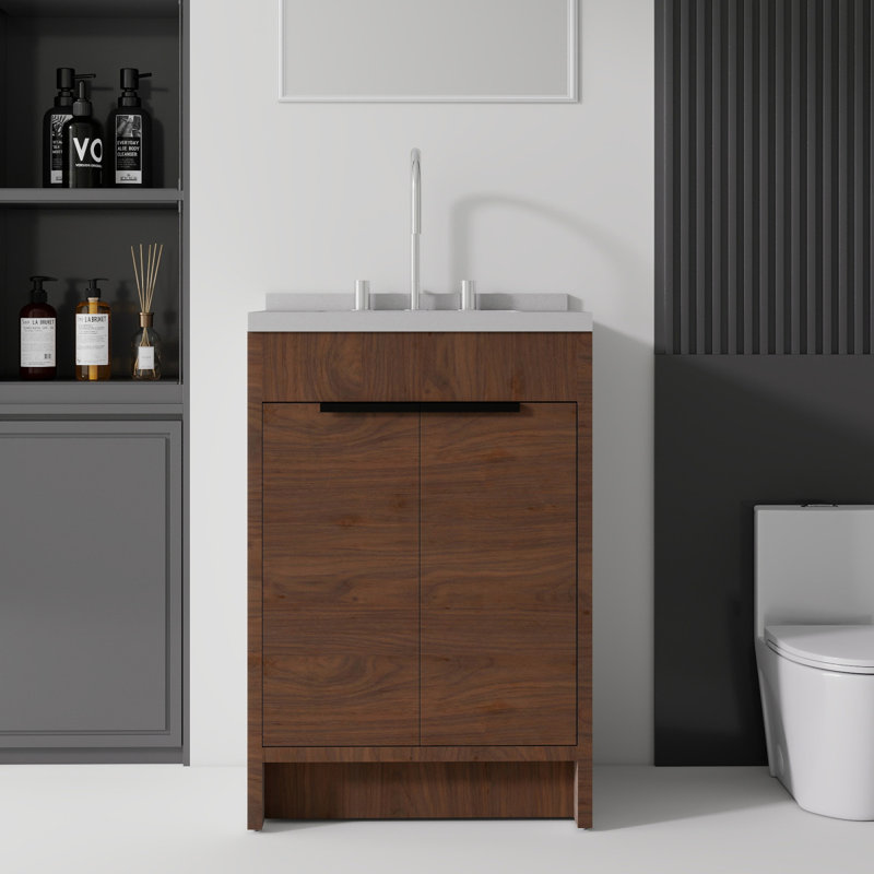 Meuble-lavabo autoportant de 24 po avec lavabo, porte à fermeture douce, comptoir et dosseret en marbre de granite blanc de 2 po, contreplaqué, brun