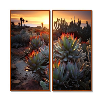 Succulent désert cactus champ brûlant au coucher du soleil III - grande décoration murale succulente