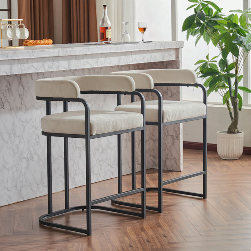 Modern Chenille Upholstered Bar Stools Set of 2 | Metal Frame with Armrests, Counter Height for Kitchen & Home Bar, White