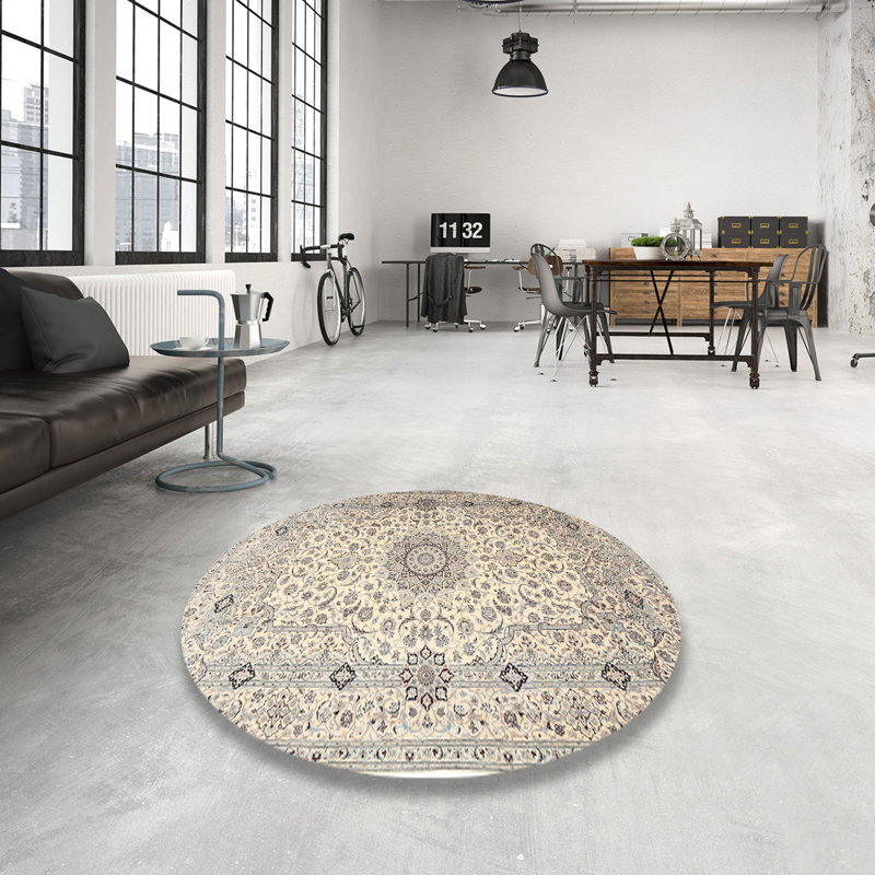 Tapis gris/crème traditionnel, Rond 4 pi