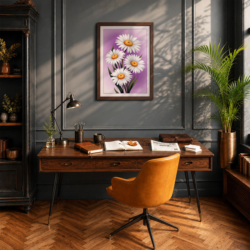 White Daisies, Golden Centers Botanical Art Print, A4 - 29.7 x 21.0 cm, Walnut
