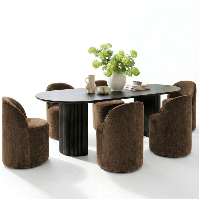  Ensemble de table de salle à manger pour 6 personnes avec table ovale et 6 chaises rembourrées, Noir, Brun