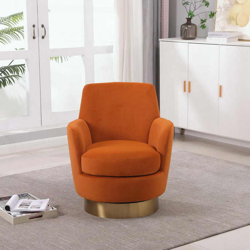 Fauteuil demi-tonneau en velours pivotant à 360 ° avec base dorée, Orange