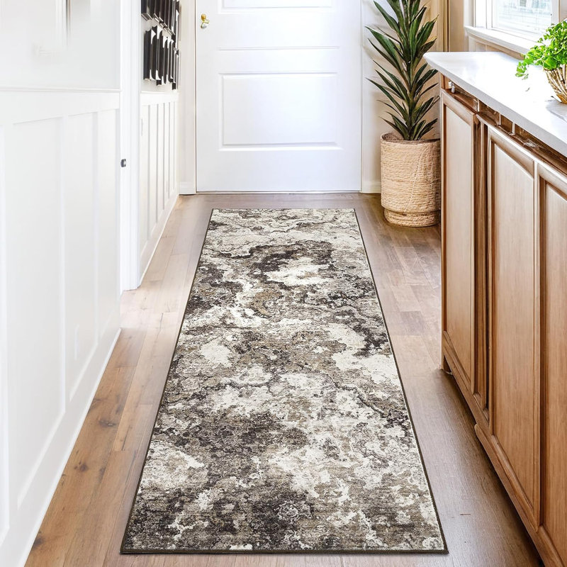 2x6 Washable Brown Runner Rug, Abstract Non-Slip, Soft Low Pile for Kitchen, Hallway, Bathroom, Laundry, Indoor Accent Carpet.