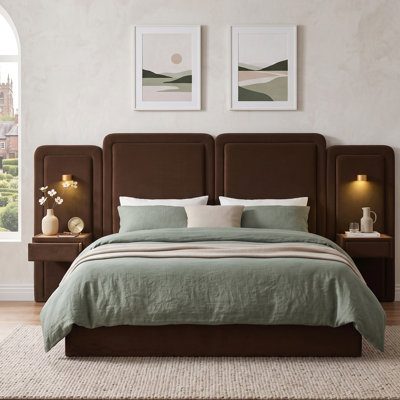 3-Piece Bedroom Set: Modern Upholstered Storage Bed with LED Lights and Floating Nightstands, King, Brown
