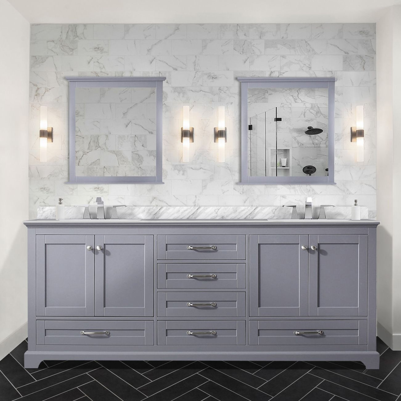 Image showcasing Lexora Dukes 80 in. W x 22 in. D Double Bath Vanity and 30 in. Mirrors ...